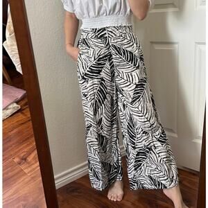 Cynthia Rowley Linen Vacation Wide Leg Pants- Size XS Black White Palm Print NWT